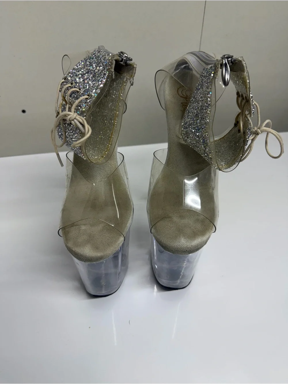 Size 7 Pleaser Clear Platform Stiletto Heels with Silver Glitter Lace Panel